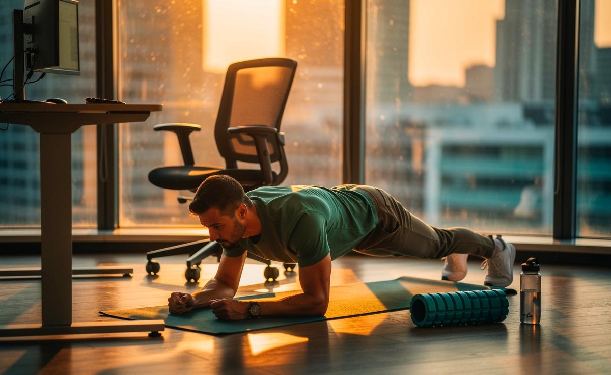 Illustration von einer Person im Büro, die nach langem Sitzen den unteren Rücken hält und mit Plank, Hüftbrücke und Katze-Kuh gegen Beschwerden trainiert