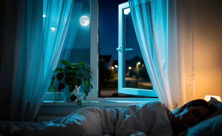 Illustration von einem Schlafzimmer mit geöffnetem Fenster in der Nacht, schlafender Person und einströmender Frischluft zur Verbesserung der Innenraumluftqualität