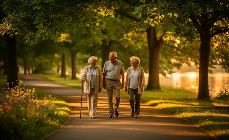 Illustration von Seniorinnen und Senioren ab 70 beim täglichen Spaziergang in der Natur zur Förderung der psychischen Gesundheit