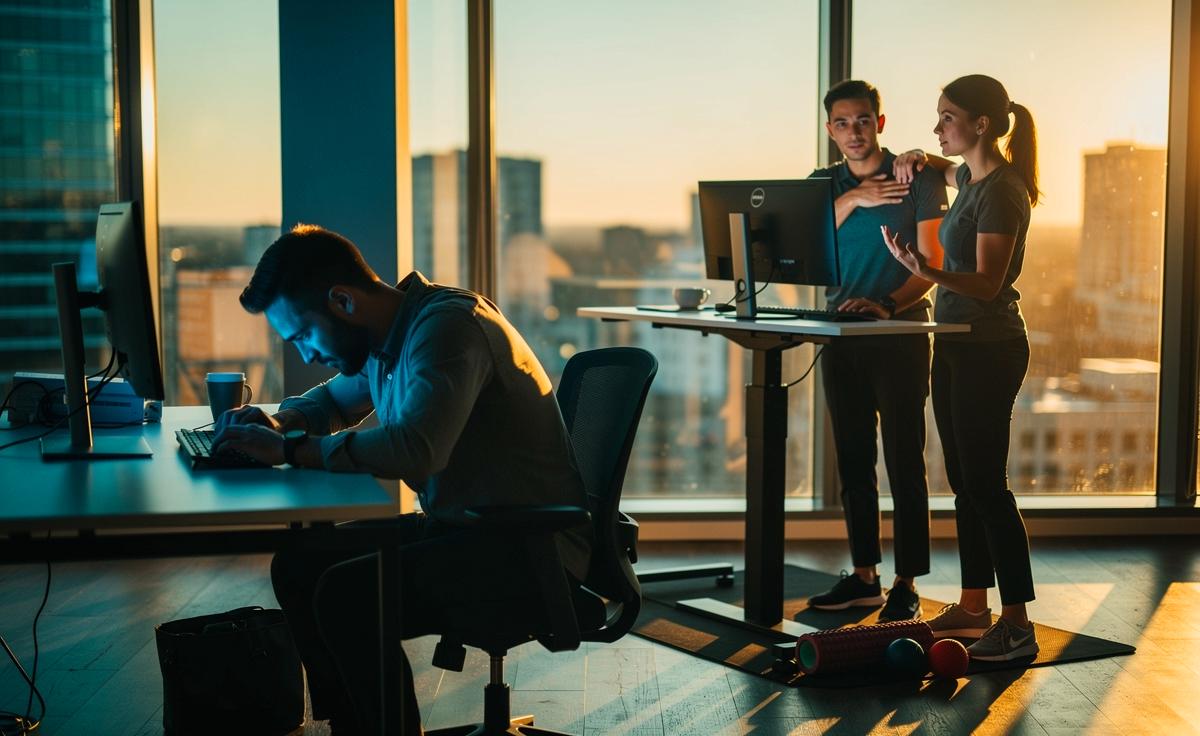 Illustration von langem Sitzen im Büro mit vorwärtiger Kopfhaltung und Rundrücken, ergänzt durch physiotherapeutische Tipps zu Ergonomie, Core-Training und Mikropausen
