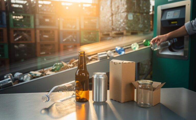 Illustration von nachhaltigen Verpackungsmaterialien, die Müll reduzieren und Recycling erleichtern
