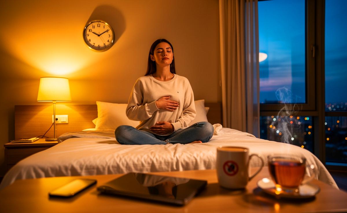 Illustration von drei wissenschaftlich fundierten Schlafgewohnheiten: konstante Schlafzeiten und Lichtdisziplin, kluges Koffeinmanagement, abendliche Atemübungen